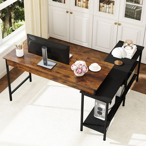 Bureau Gaming D'angle Réversible Grand Bureau En L 135 X 120 Cm Avec Étagères Brun