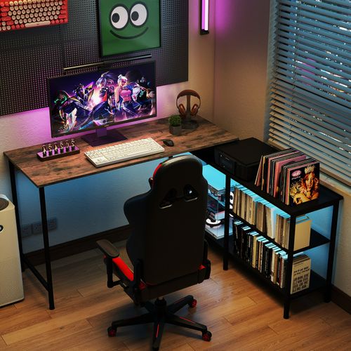 Bureau Gaming D'angle Réversible Grand Bureau En L 135 X 120 Cm Avec Étagères Brun