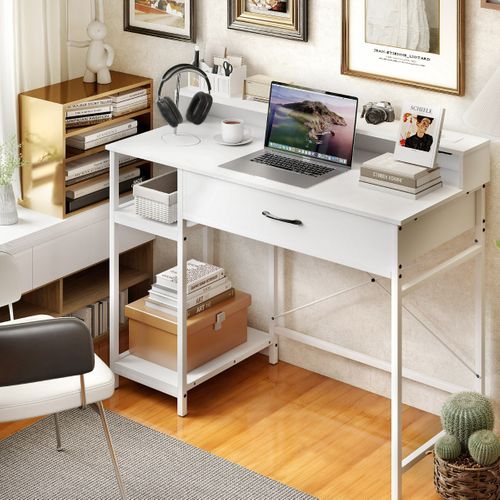 Bureau Informatique Avec Étagère Supérieure Tiroir Et Étagère à 2 Niveaux Bureau D'écriture Blanc