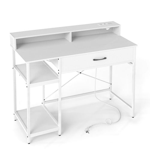 Bureau Informatique Avec Étagère Supérieure Tiroir Et Étagère à 2 Niveaux Bureau D'écriture Blanc