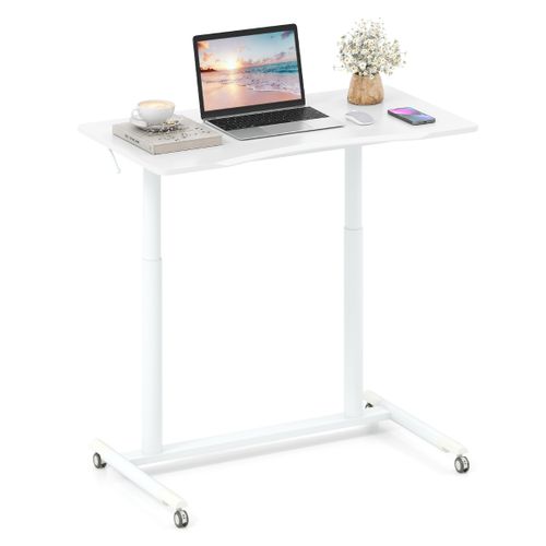 Bureau Mobile Debout Bureau D'ordinateur Hauteur Réglable Roulettes Cadre En Métal Blanc
