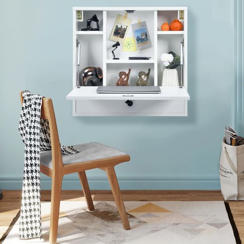 Bureau Mural Pour Ordinateur Portable Bureau Flottant Avec Tiroir 60x15x57cm Blanc