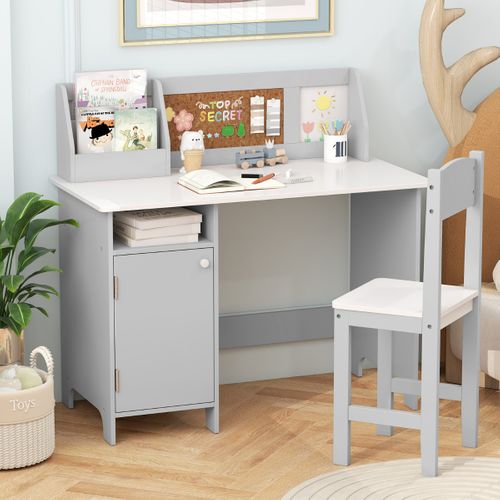 Bureau Pour Enfants Avec Chaise Tableau D'affichage Bibliothèque En Bois Pour Salon Chambre Gris
