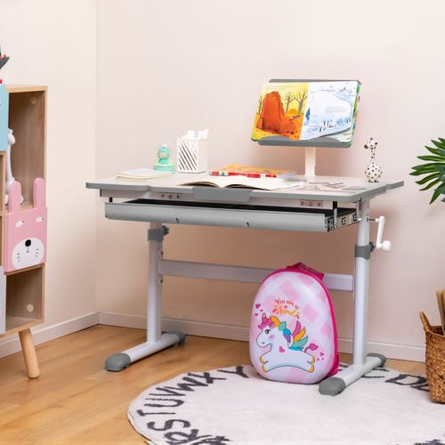 Bureau Pour Enfants Hauteur Réglable Avec Plateau Inclinable Support De Livre Tiroir Gris