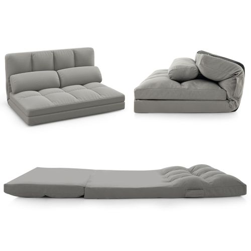 Canapé Lit Convertible Velours Pliable Dossier Réglable à 6 Niveaux Avec 2 Coussins Gris Clair