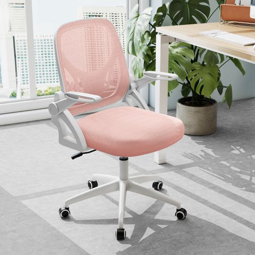 Chaise De Bureau Ergonomique En Résille Hauteur Réglable Avec Accoudoirs Relevables Pivotante Rose