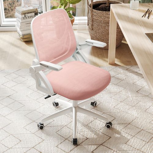 Chaise De Bureau Ergonomique En Résille Hauteur Réglable Avec Accoudoirs Relevables Pivotante Rose