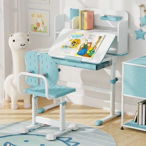 Chaise De Bureau Pour Enfant Hauteur Réglable Avec Double Dossier Assise Respirante Métal Bleu