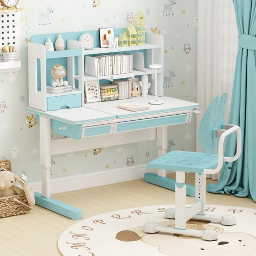 Chaise De Bureau Pour Enfant Hauteur Réglable Avec Double Dossier Assise Respirante Métal Bleu
