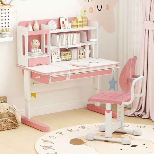 Chaise De Bureau Pour Enfant Hauteur Réglable Avec Double Dossier Assise Respirante Métal Rose