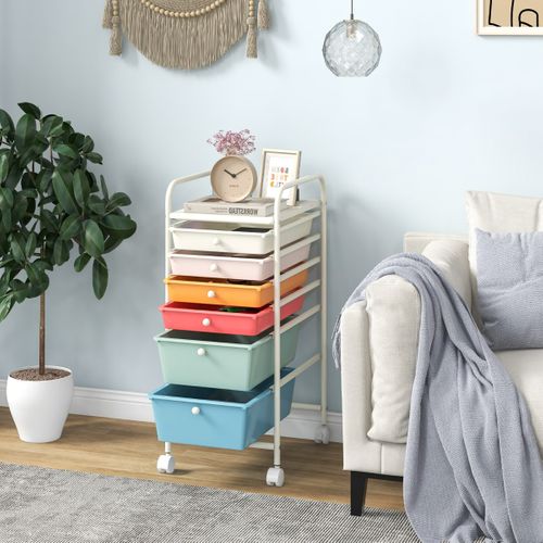 Chariot Avec 6 Tiroirs Empilables Structure En Métal Et Surface De Rangement Bleu