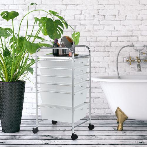 Chariot Avec 6 Tiroirs Empilables Structure En Métal Et Surface De Rangement Transparente