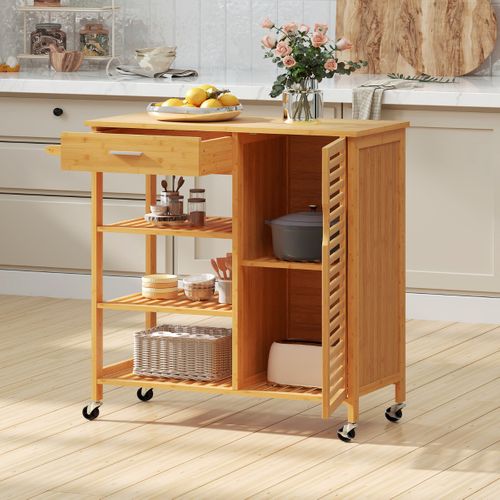 Chariot De Cuisine En Bambou Avec Tiroir 3 Étagères Ouvertes Armoire à Porte Unique