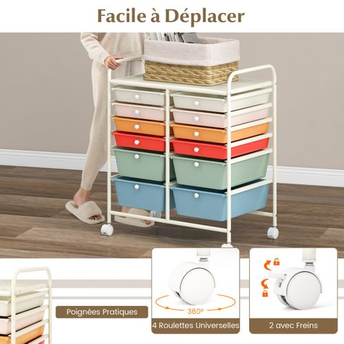 Chariot De Rangement à Roulettes Avec 12 Tiroirs Et Freins En Plastique 64x38x75cm Multicolore
