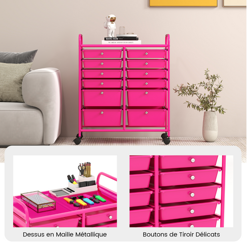 Chariot De Rangement à Roulettes Avec 12 Tiroirs Et Freins En Plastique 64x38x75cm Rose