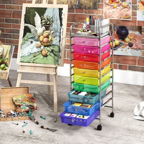 Chariot De Rangement à Roulettes Chariot à 10 Tiroirs Avec Cadre Métallique Chromé