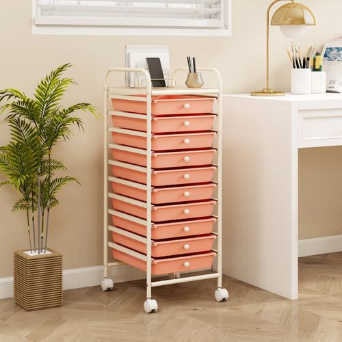 Chariot De Rangement Roulant 10 Tiroirs Amovibles Desserte Pour Bureau 32,5x37x86cm Blancetrose