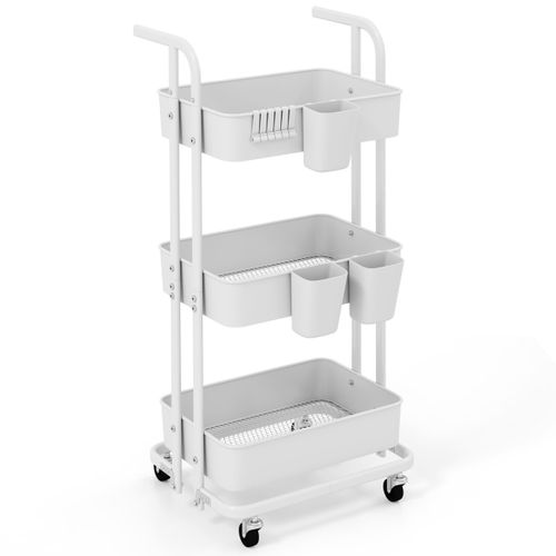 Chariot Roulant à 3 Niveaux Chariot De Rangement Pliable 3 Gobelets Suspendus 45x37x92cm Blanc