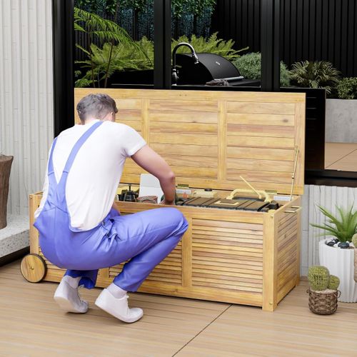 Coffre De Rangement Bois 182 L Imperméable 2 En 1 Coffre Jardin Avec Roulettes Pour Terrasse