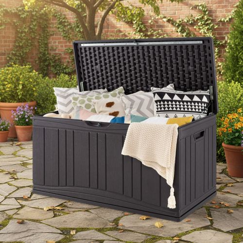 Coffre De Rangement Pour Patio Boîte De Rangement 300l Hdpe Avec Couvercle Verrouillable Marron