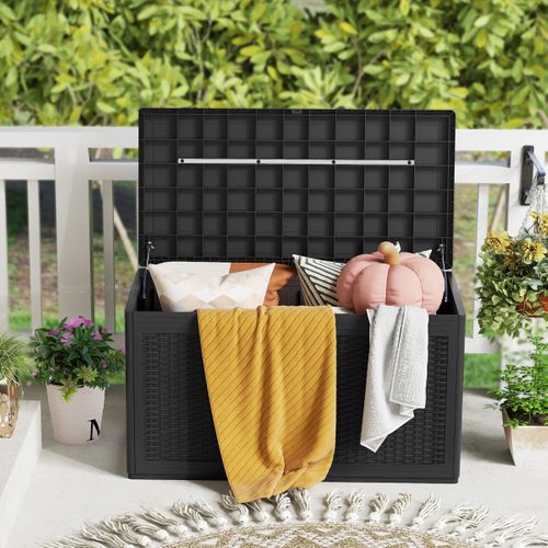 Coffre De Rangement Résine 380l Boîte De Rangement Couvercle Verrouillable 111x56x61cm Noir