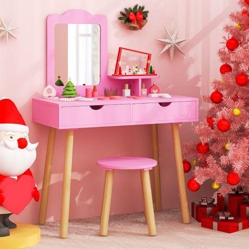 Coiffeuse 2 En 1 Pour Enfants Table De Toilette Et Tabouret En Boisavec 1 Miroir Rectangulaire