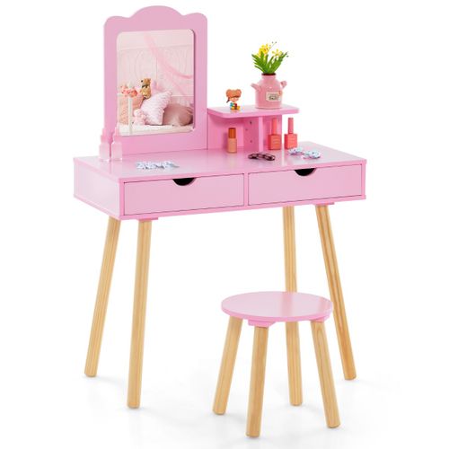 Coiffeuse 2 En 1 Pour Enfants Table De Toilette Et Tabouret En Boisavec 1 Miroir Rectangulaire