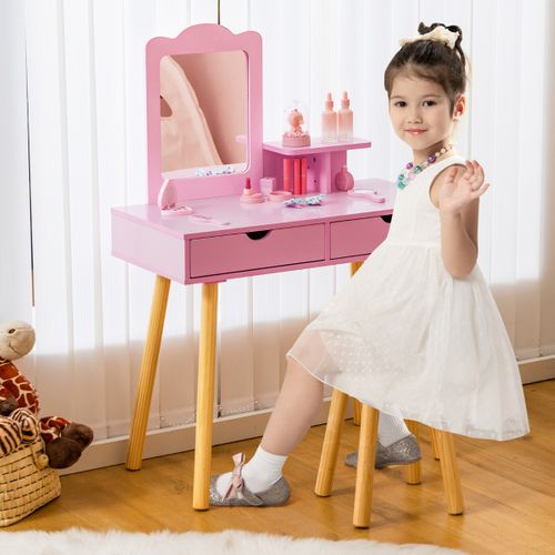 Coiffeuse 2 En 1 Pour Enfants Table De Toilette Et Tabouret En Boisavec 1 Miroir Rectangulaire