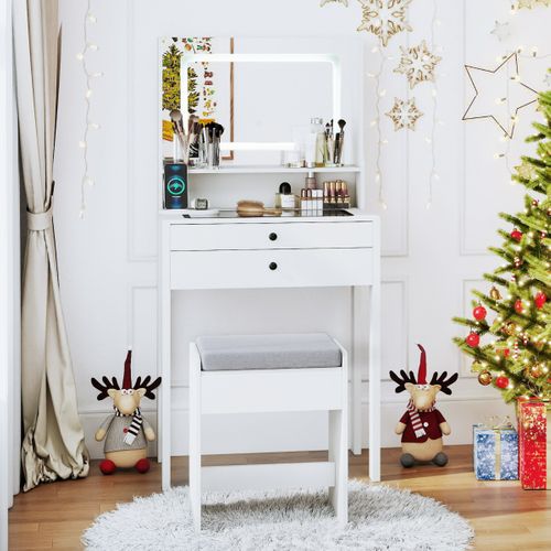 Coiffeuse Avec Miroir et Lumières Petite Table De Maquillage Avec Prises Électriques Blanc