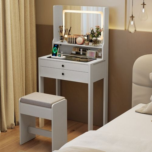 Coiffeuse Avec Miroir et Lumières Petite Table De Maquillage Avec Prises Électriques Blanc