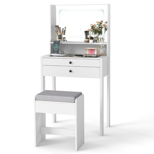Coiffeuse Avec Miroir et Lumières Petite Table De Maquillage Avec Prises Électriques Blanc