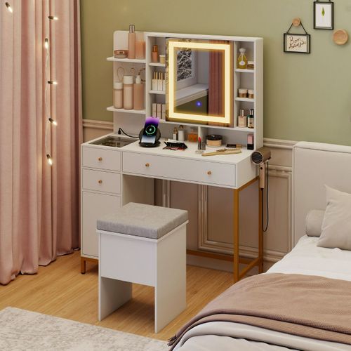 Coiffeuse Avec Miroir LED Ensemble De Coiffeuse Et De Tabouret 3 Couleurs 98x40x138,5cm Blanc