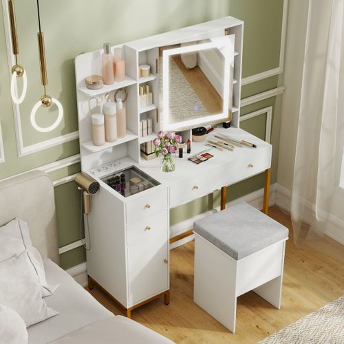 Coiffeuse Avec Miroir LED Ensemble De Coiffeuse Et De Tabouret 3 Couleurs 98x40x138,5cm Blanc