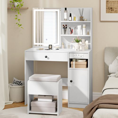 Coiffeuse Avec Miroir LED Table De Maquillage Avec Tabouret De Rangement 90x40x135,5cm Blanc