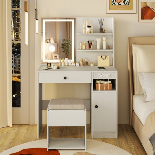 Coiffeuse Avec Miroir LED Table De Maquillage Avec Tabouret De Rangement 90x40x135,5cm Blanc