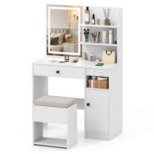 Coiffeuse Avec Miroir LED Table De Maquillage Avec Tabouret De Rangement 90x40x135,5cm Blanc