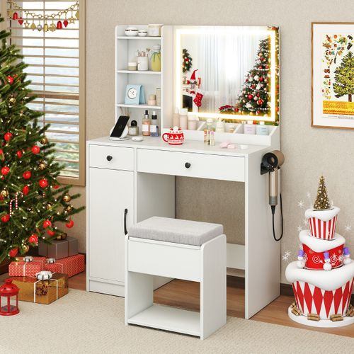 Coiffeuse Avec Miroir LED Éclairé Ensemble Coiffeuse Avec Tabouret Avec Espace De Rangement Prises