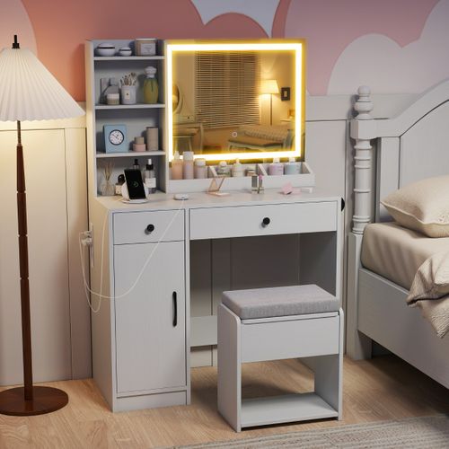Coiffeuse Avec Miroir LED Éclairé Ensemble Coiffeuse Avec Tabouret Avec Espace De Rangement Prises