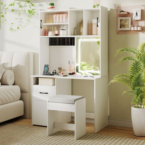 Coiffeuse Avec Miroir LED Table De Maquillage Avec Prises Électriques 3 Modes D'éclairage