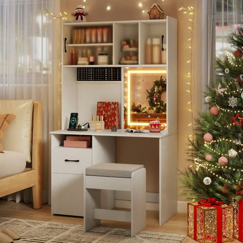 Coiffeuse Avec Miroir LED Table De Maquillage Avec Prises Électriques 3 Modes D'éclairage