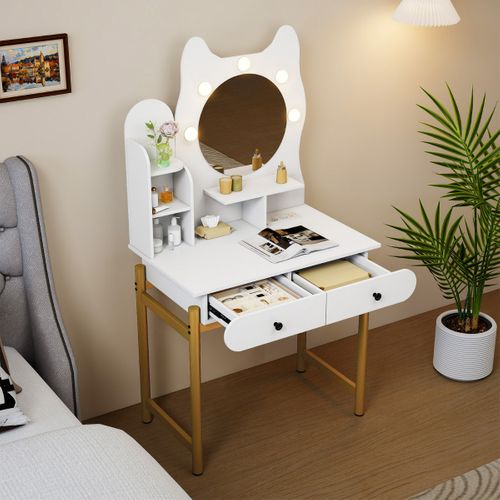 Coiffeuse En Forme De Chat Avec Miroir et 3 Modes D'éclairage Luminosité Réglable Étagères Ouvertes