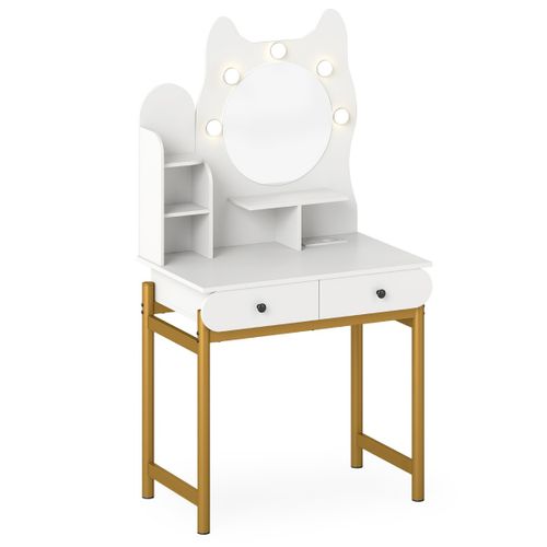 Coiffeuse En Forme De Chat Avec Miroir et 3 Modes D'éclairage Luminosité Réglable Étagères Ouvertes