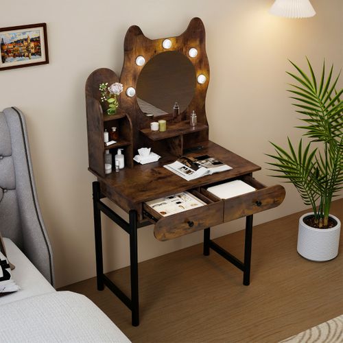 Coiffeuse En Forme De Chat Avec Miroir et 3 Modes D'éclairage Luminosité Réglable Étagères Ouvertes