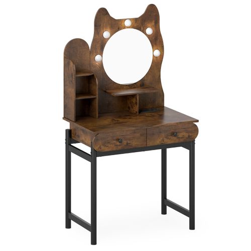 Coiffeuse En Forme De Chat Avec Miroir et 3 Modes D'éclairage Luminosité Réglable Étagères Ouvertes