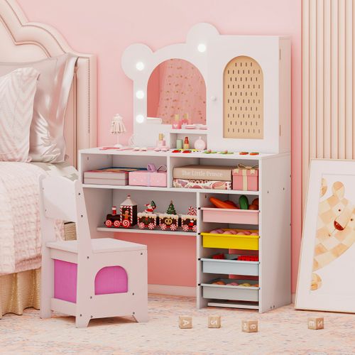 Coiffeuse Pour Enfants Avec Lumières Avec Fauteuil 5 Tiroirs Et 2 Compartiments Armoire à Porte