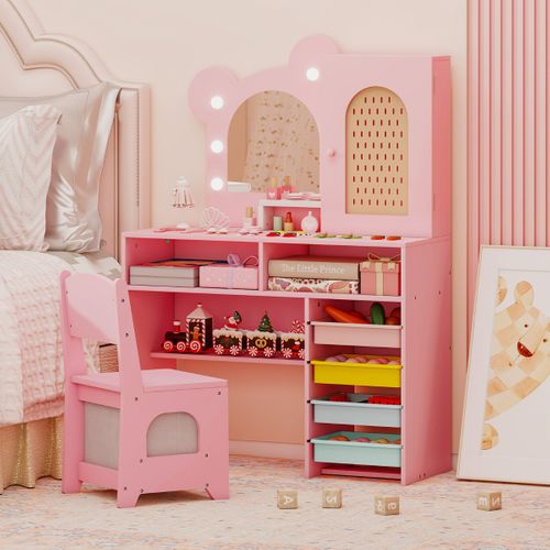 Coiffeuse Pour Enfants Avec Lumières Avec Fauteuil 5 Tiroirs Et 2 Compartiments Armoire à Porte