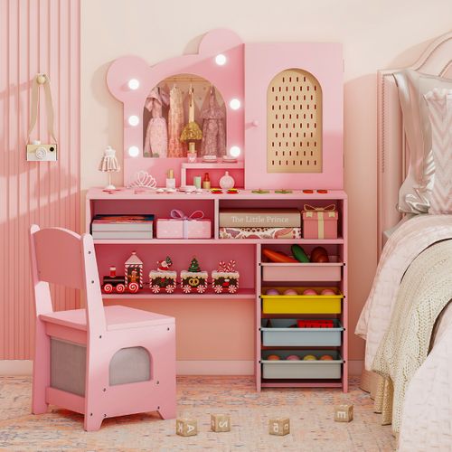 Coiffeuse Pour Enfants Avec Lumières Avec Fauteuil 5 Tiroirs Et 2 Compartiments Armoire à Porte