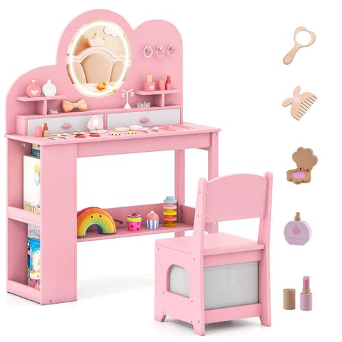 Coiffeuse Pour Enfants LED Avec 2 Tiroirs Bibliothèque à 2 Niveaux 3 Crochets Rose