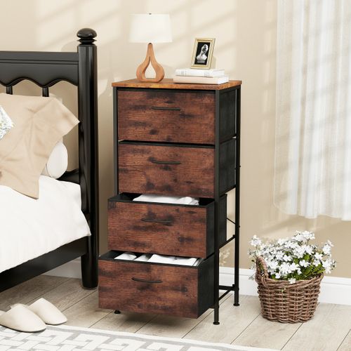 Commode à 4 Tiroirs Tour De Rangement En Tissu Avec Dessus En Bois Poignée Et Cadre Métallique