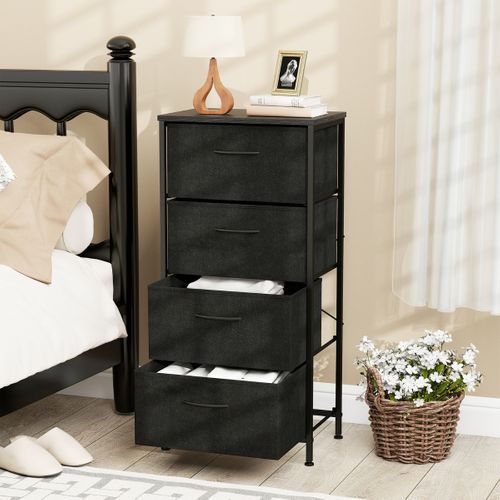 Commode à 4 Tiroirs Tour De Rangement En Tissu Avec Dessus En Bois Poignée Et Cadre Métallique